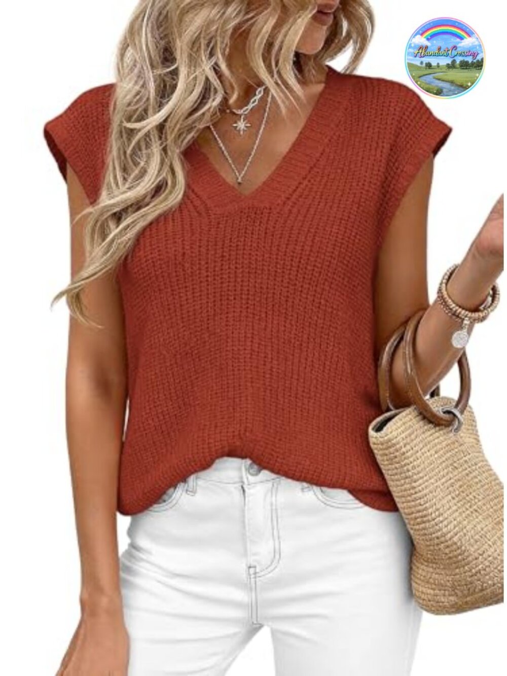 Women's Knit Sweater Vest Cap Sleeve V-Neck High Low Split Hem Lightweight